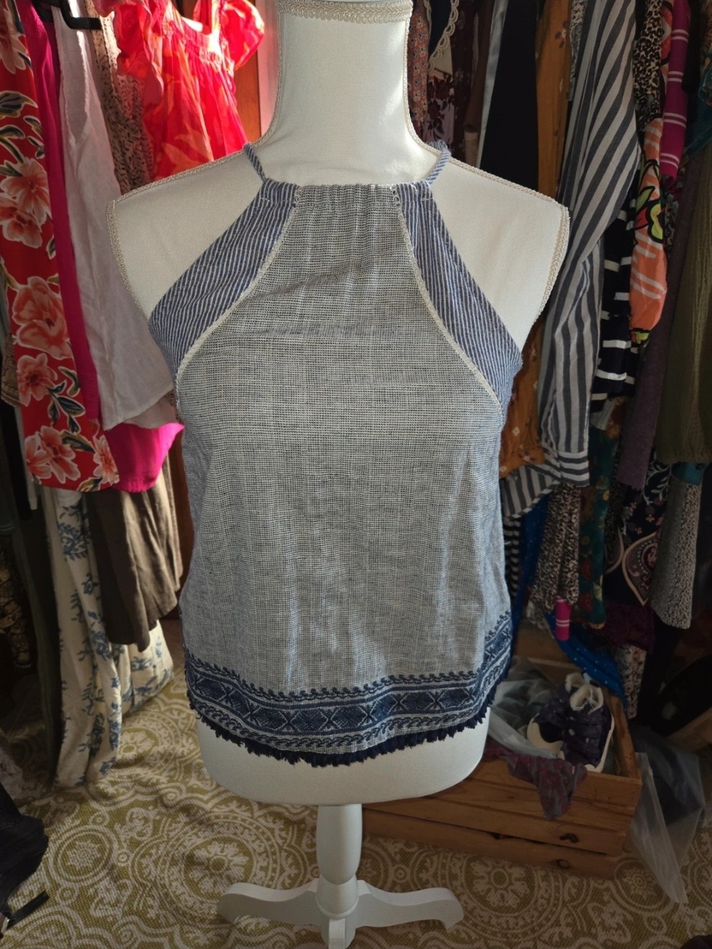 Light Blue Embroidered Halter Tank Top